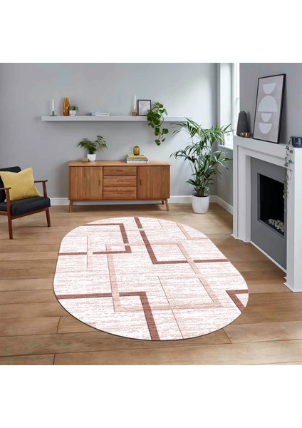 Dijital Baskılı Kaymaz Taban Yıkanabilir Oval Modern Yolluk Salon Halısı, V-O-Modern-80-Pembe,