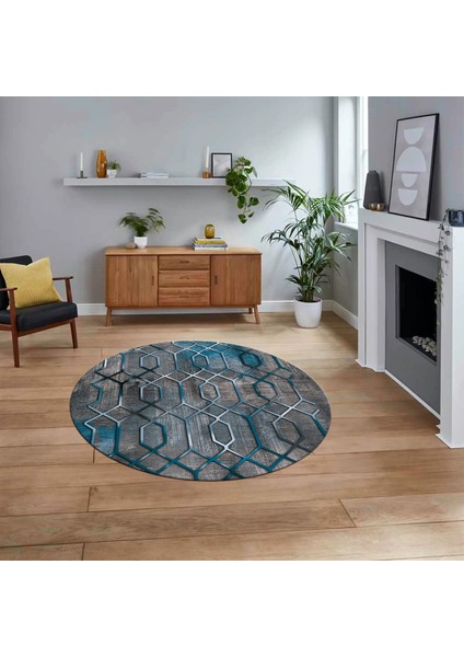 Dijital Baskılı Kaymaz Taban Yıkanabilir Yuvarlak Modern Mutfak Salon Halısı, V-Y-Modern-90-Mavi,