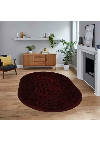Dijital Baskılı Kaymaz Taban Yıkanabilir Oval Modern Yolluk Salon Halısı, V-O-MODERN-113-BORDO,