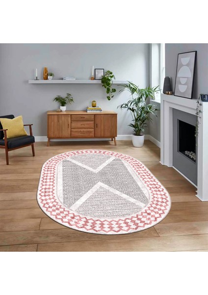 Dijital Baskılı Kaymaz Taban Yıkanabilir Oval Modern Yolluk Salon Halısı, V-O-Modern-07-Pembe,