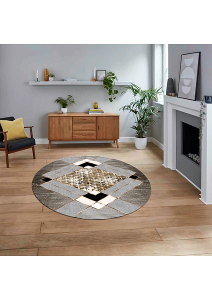 Dijital Baskılı Kaymaz Taban Yıkanabilir Yuvarlak Modern Mutfak Salon Halısı, V-Y-Modern-12-Kahve,