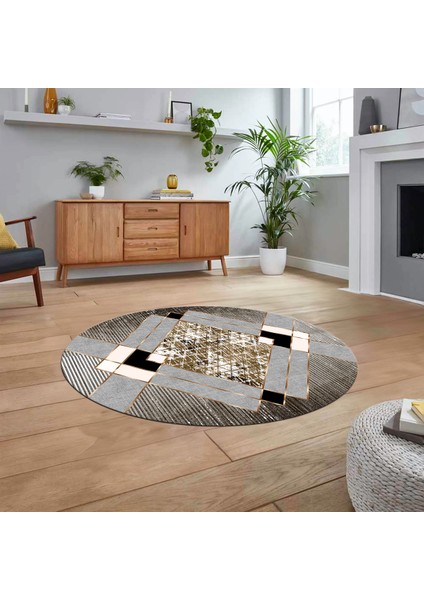 Dijital Baskılı Kaymaz Taban Yıkanabilir Yuvarlak Modern Mutfak Salon Halısı, V-Y-Modern-12-Kahve,