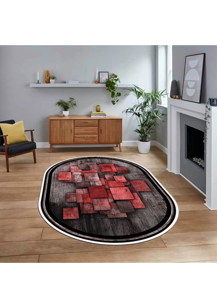 Dijital Baskılı Kaymaz Taban Yıkanabilir Oval Modern Yolluk Salon Halısı, V-O-Modern-13-Kırmızı,