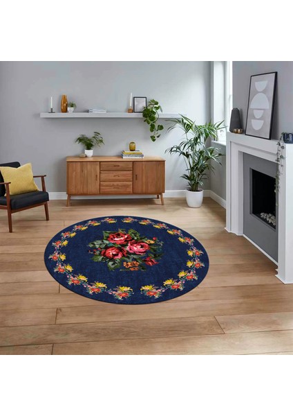 Dijital Baskılı Kaymaz Taban Yıkanabilir Yuvarlak Modern Mutfak Salon Halısı, V-Y-Modern-20-Mavi,
