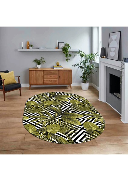 Dijital Baskılı Kaymaz Taban Yıkanabilir Oval Modern Yolluk Salon Halısı, V-O-MODERN-100-SARI,