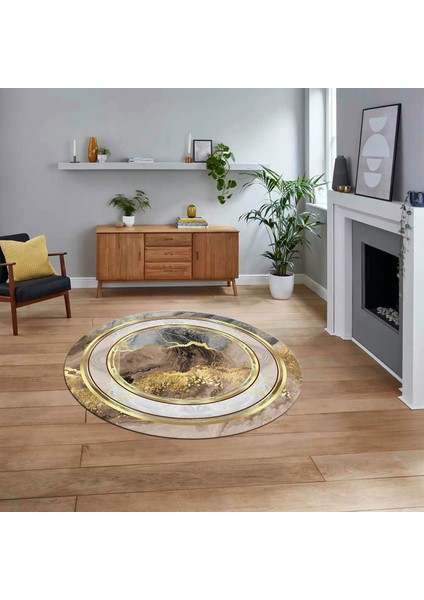 Dijital Baskılı Kaymaz Taban Yıkanabilir Yuvarlak Modern Mutfak Salon Halısı, V-Y-Modern-46-Gold,