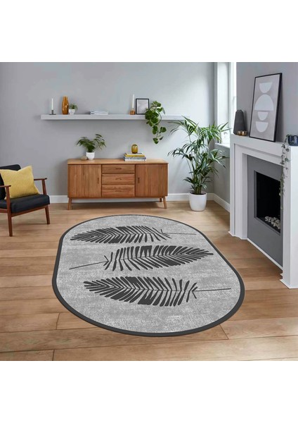Dijital Baskılı Kaymaz Taban Yıkanabilir Oval Modern Yolluk Salon Halısı, V-O-Modern-41-Gri,