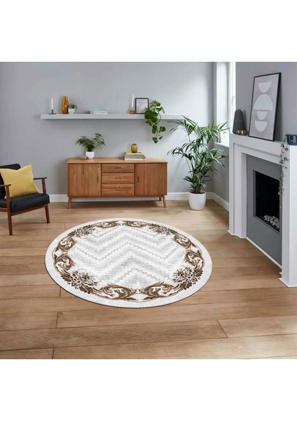 Dijital Baskılı Kaymaz Taban Yıkanabilir Yuvarlak Modern Mutfak Salon Halısı, V-Y-Modern-49-Kahve,