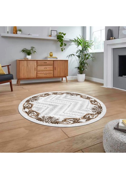 Dijital Baskılı Kaymaz Taban Yıkanabilir Yuvarlak Modern Mutfak Salon Halısı, V-Y-Modern-49-Kahve,