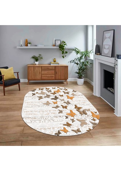 Dijital Baskılı Kaymaz Taban Yıkanabilir Oval Modern Yolluk Salon Halısı, V-O-Modern-42-Kahve,