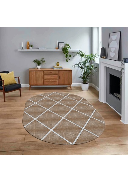Dijital Baskılı Kaymaz Taban Yıkanabilir Oval Modern Yolluk Salon Halısı, V-O-MODERN-116-KAHVE,