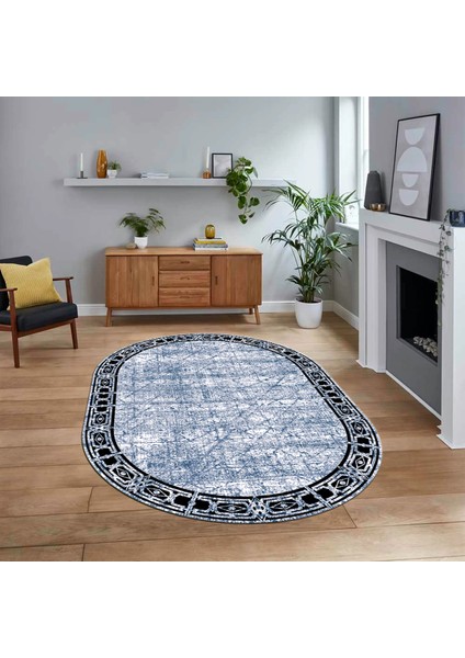 Dijital Baskılı Kaymaz Taban Yıkanabilir Oval Modern Yolluk Salon Halısı, V-O-MODERN-118-MAVİ,