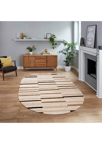 Dijital Baskılı Kaymaz Taban Yıkanabilir Oval Modern Yolluk Salon Halısı, V-O-Modern-74-Kahve,
