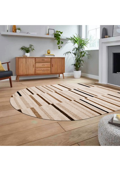Dijital Baskılı Kaymaz Taban Yıkanabilir Oval Modern Yolluk Salon Halısı, V-O-Modern-74-Kahve,