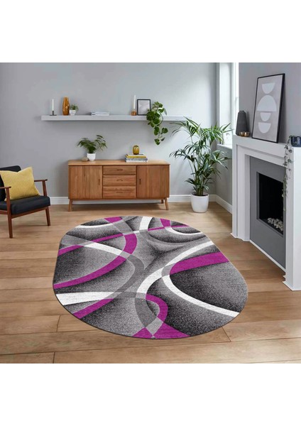 Dijital Baskılı Kaymaz Taban Yıkanabilir Oval Modern Yolluk Salon Halısı, V-O-Modern-97-Mor,