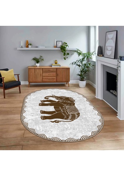 Dijital Baskılı Kaymaz Taban Yıkanabilir Oval Modern Yolluk Salon Halısı, V-O-MODERN-101-KAHVE,