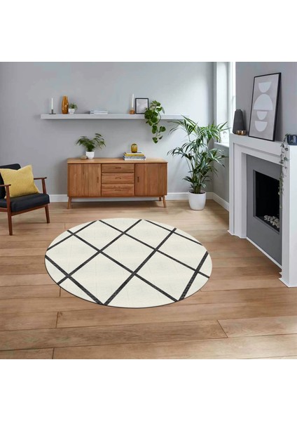 Dijital Baskılı Kaymaz Taban Yıkanabilir Yuvarlak Modern Mutfak Salon Halısı, V-Y-MODERN-116-KREM,