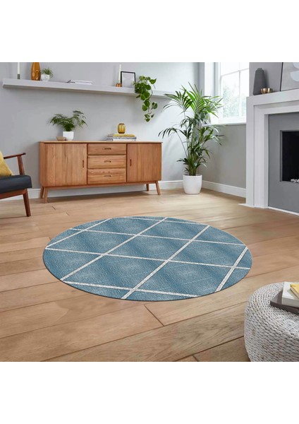 Dijital Baskılı Kaymaz Taban Yıkanabilir Yuvarlak Modern Mutfak Salon Halısı, V-Y-MODERN-116-MAVİ,