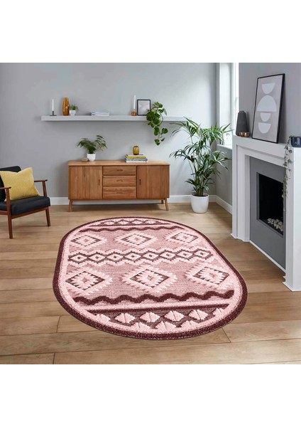 Dijital Baskılı Kaymaz Taban Yıkanabilir Oval Modern Yolluk Salon Halısı, V-O-Modern-68-Pembe,