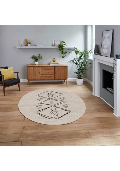 Dijital Baskılı Kaymaz Taban Yıkanabilir Yuvarlak Modern Mutfak Salon Halısı, V-Y-Modern-59-Bej,