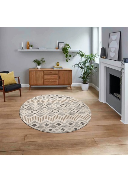 Dijital Baskılı Kaymaz Taban Yıkanabilir Yuvarlak Modern Mutfak Salon Halısı, V-Y-Modern-67-Bej,
