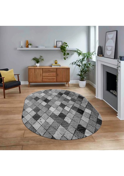 Dijital Baskılı Kaymaz Taban Yıkanabilir Oval Modern Yolluk Salon Halısı, V-O-Modern-31-Gri,