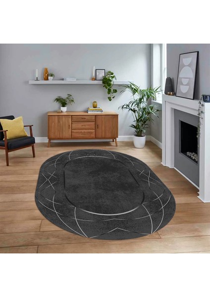 Dijital Baskılı Kaymaz Taban Yıkanabilir Oval Modern Yolluk Salon Halısı, V-O-Modern-62-Antrasit,