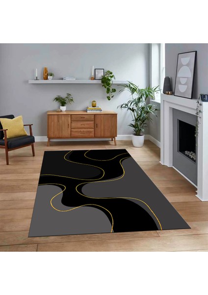 Dijital Baskılı Kaymaz Taban Yıkanabilir Modern Yolluk Mutfak Salon Halısı, V-MODERN-120-SİYAH,