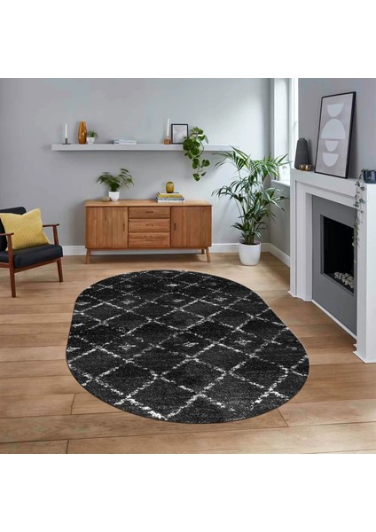 Dijital Baskılı Kaymaz Taban Yıkanabilir Oval Modern Yolluk Salon Halısı, V-O-Modern-57-Antrasit,