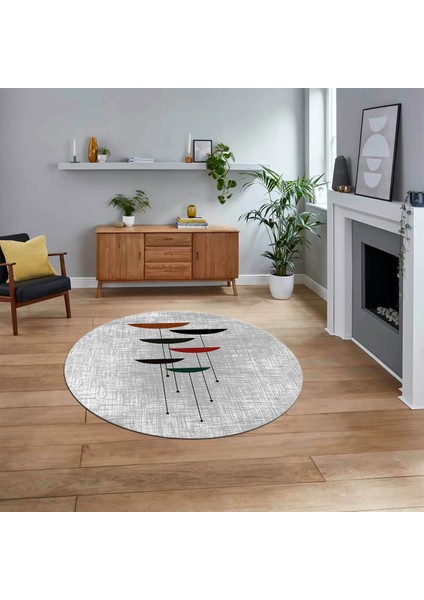 Dijital Baskılı Kaymaz Taban Yıkanabilir Yuvarlak Modern Mutfak Salon Halısı, V-Y-MODERN-112-GRİ,