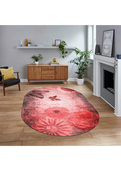 Dijital Baskılı Kaymaz Taban Yıkanabilir Oval Modern Yolluk Salon Halısı, V-O-MODERN-109-KIRMIZI,
