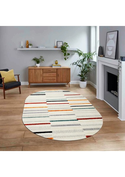 Dijital Baskılı Kaymaz Taban Yıkanabilir Oval Modern Yolluk Salon Halısı, V-O-Modern-74-Renkli,