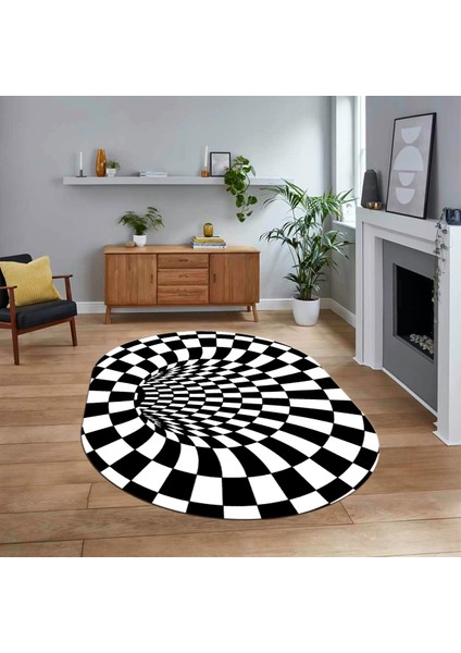 Dijital Baskılı Kaymaz Taban Yıkanabilir Oval Modern Yolluk Salon Halısı, V-O-Modern-78-Siyah,
