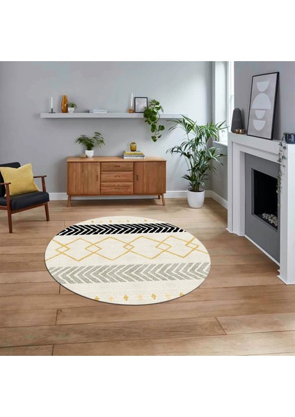 Dijital Baskılı Kaymaz Taban Yıkanabilir Yuvarlak Modern Mutfak Salon Halısı, V-Y-Modern-75-Krem,
