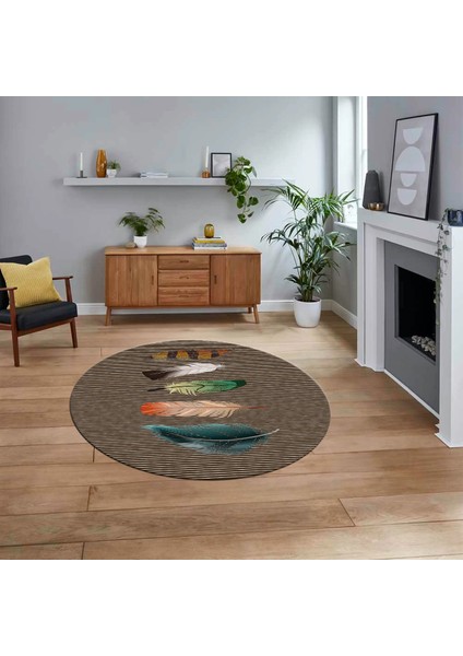 Dijital Baskılı Kaymaz Taban Yıkanabilir Yuvarlak Modern Mutfak Salon Halısı, V-Y-MODERN-114-KAHVE,