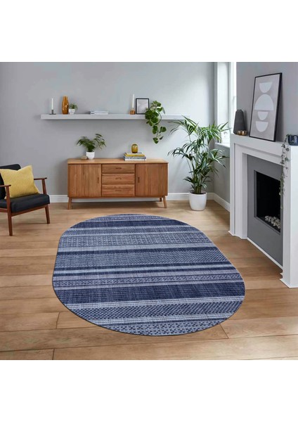 Dijital Baskılı Kaymaz Taban Yıkanabilir Oval Modern Yolluk Salon Halısı, V-O-Modern-36-Mavi,