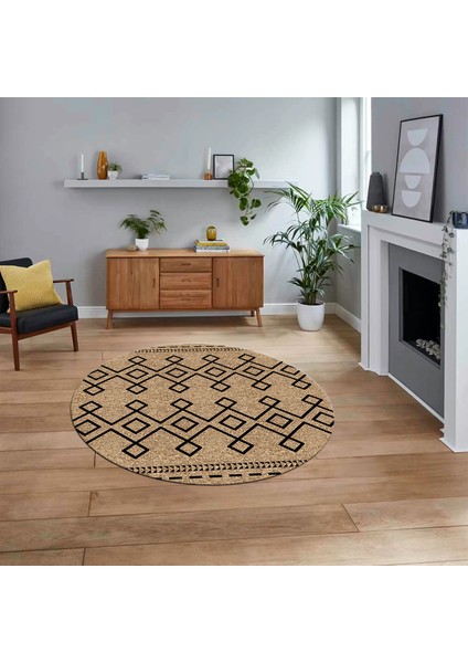 Dijital Baskılı Kaymaz Taban Yıkanabilir Yuvarlak Modern Mutfak Salon Halısı, V-Y-Modern-87-Krem,