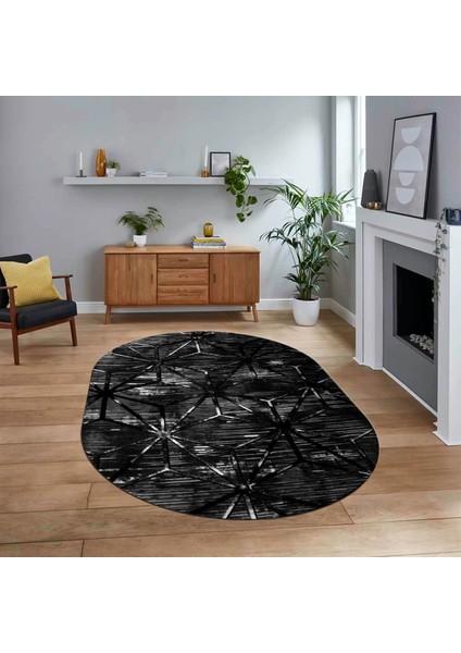 Dijital Baskılı Kaymaz Taban Yıkanabilir Oval Modern Yolluk Salon Halısı, V-O-Modern-39-Antrasit,