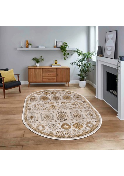 Dijital Baskılı Kaymaz Taban Yıkanabilir Oval Modern Yolluk Salon Halısı, V-O-Modern-29-Kahve,
