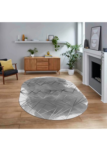 Dijital Baskılı Kaymaz Taban Yıkanabilir Oval Modern Yolluk Salon Halısı, V-O-Modern-44-Gri,