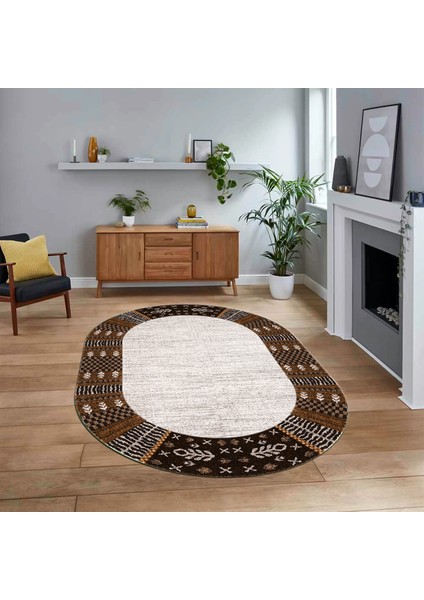 Dijital Baskılı Kaymaz Taban Yıkanabilir Oval Modern Yolluk Salon Halısı, V-O-MODERN-119-KAHVE,