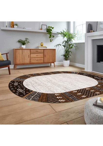 Dijital Baskılı Kaymaz Taban Yıkanabilir Oval Modern Yolluk Salon Halısı, V-O-MODERN-119-KAHVE, fiyatları