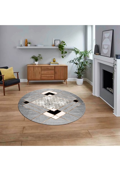 Dijital Baskılı Kaymaz Taban Yıkanabilir Yuvarlak Modern Mutfak Salon Halısı, V-Y-Modern-12-Gri,