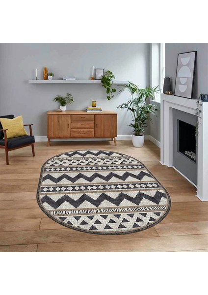 Dijital Baskılı Kaymaz Taban Yıkanabilir Oval Modern Yolluk Salon Halısı, V-O-MODERN-105-KREM,