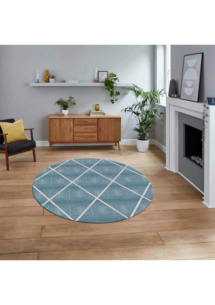 Dijital Baskılı Kaymaz Taban Yıkanabilir Yuvarlak Modern Mutfak Salon Halısı, V-Y-MODERN-116-MAVİ,