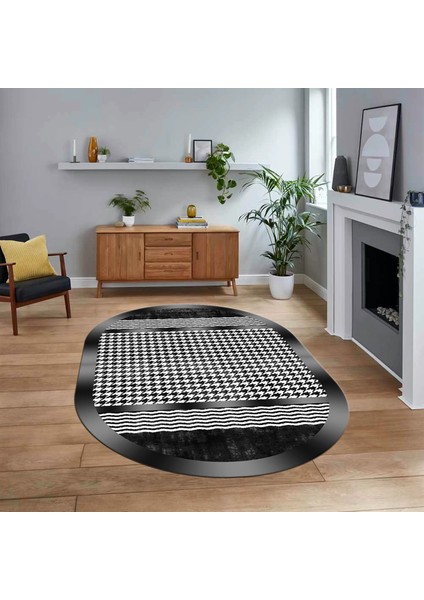 Dijital Baskılı Kaymaz Taban Yıkanabilir Oval Modern Yolluk Salon Halısı, V-O-Modern-10-Antrasit,