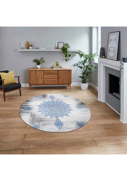 Dijital Baskılı Kaymaz Taban Yıkanabilir Yuvarlak Modern Mutfak Salon Halısı, V-Y-Modern-06-Mavi,