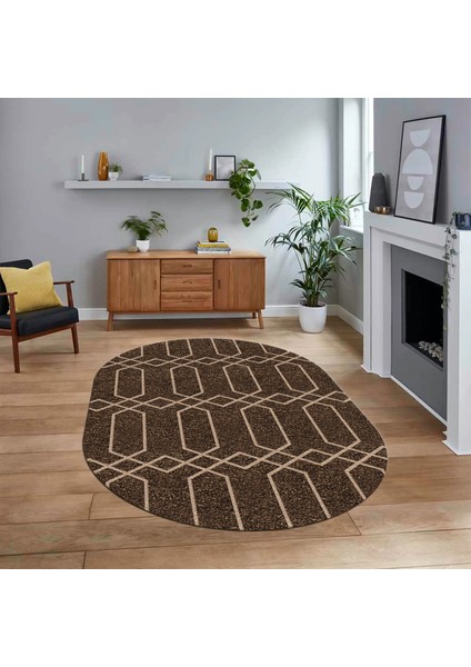 Dijital Baskılı Kaymaz Taban Yıkanabilir Oval Modern Yolluk Salon Halısı, V-O-Modern-88-Kahve,