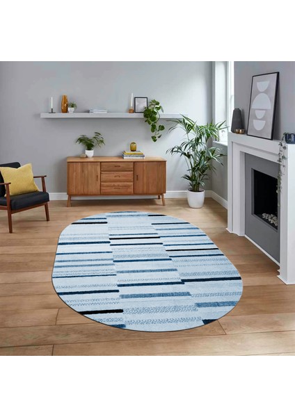 Dijital Baskılı Kaymaz Taban Yıkanabilir Oval Modern Yolluk Salon Halısı, V-O-Modern-74-Mavi,