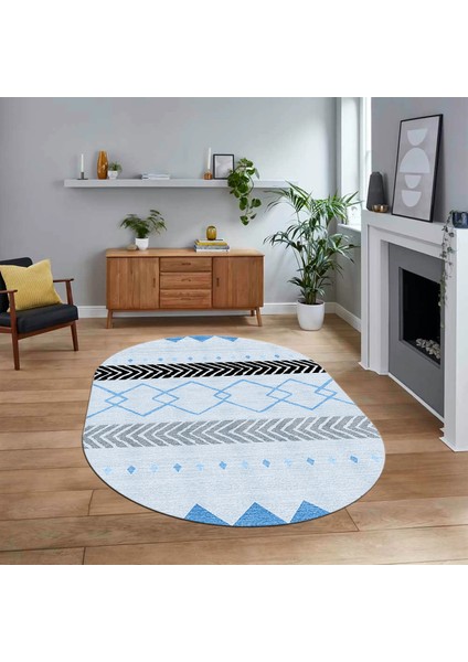 Dijital Baskılı Kaymaz Taban Yıkanabilir Oval Modern Yolluk Salon Halısı, V-O-Modern-75-Mavi,